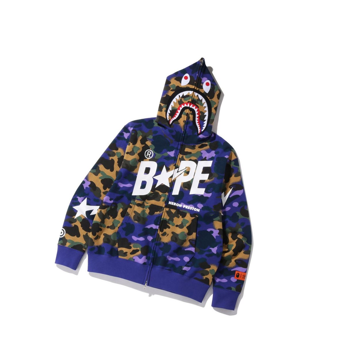 Sweat à Capuche A BATHING APE Bape X Heron Preston Mix 1st Camo Shark Relaxed Full Zip Throughs Violette Homme France | TBY-20032833